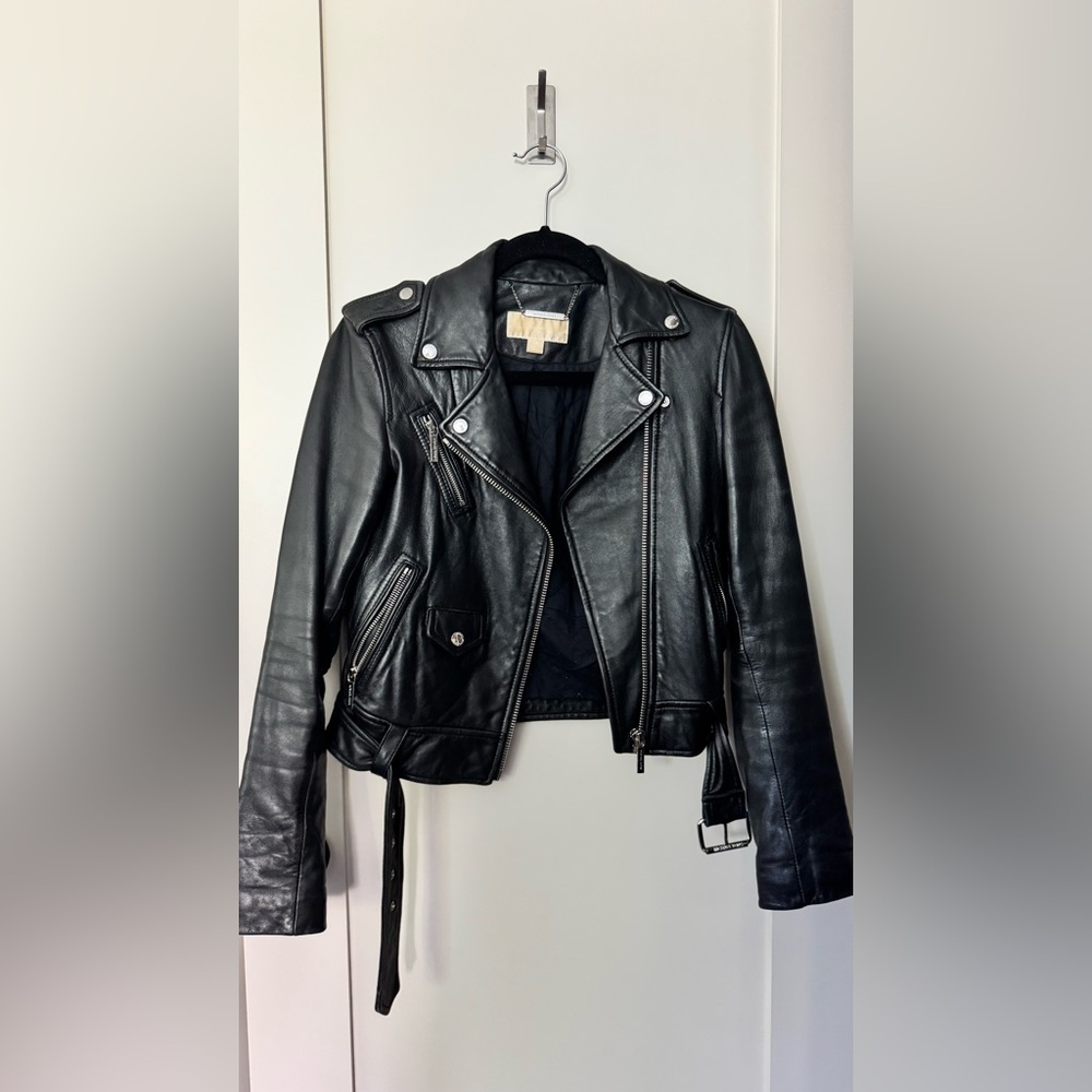 Black Leather Biker Jacket Michael Kors XS